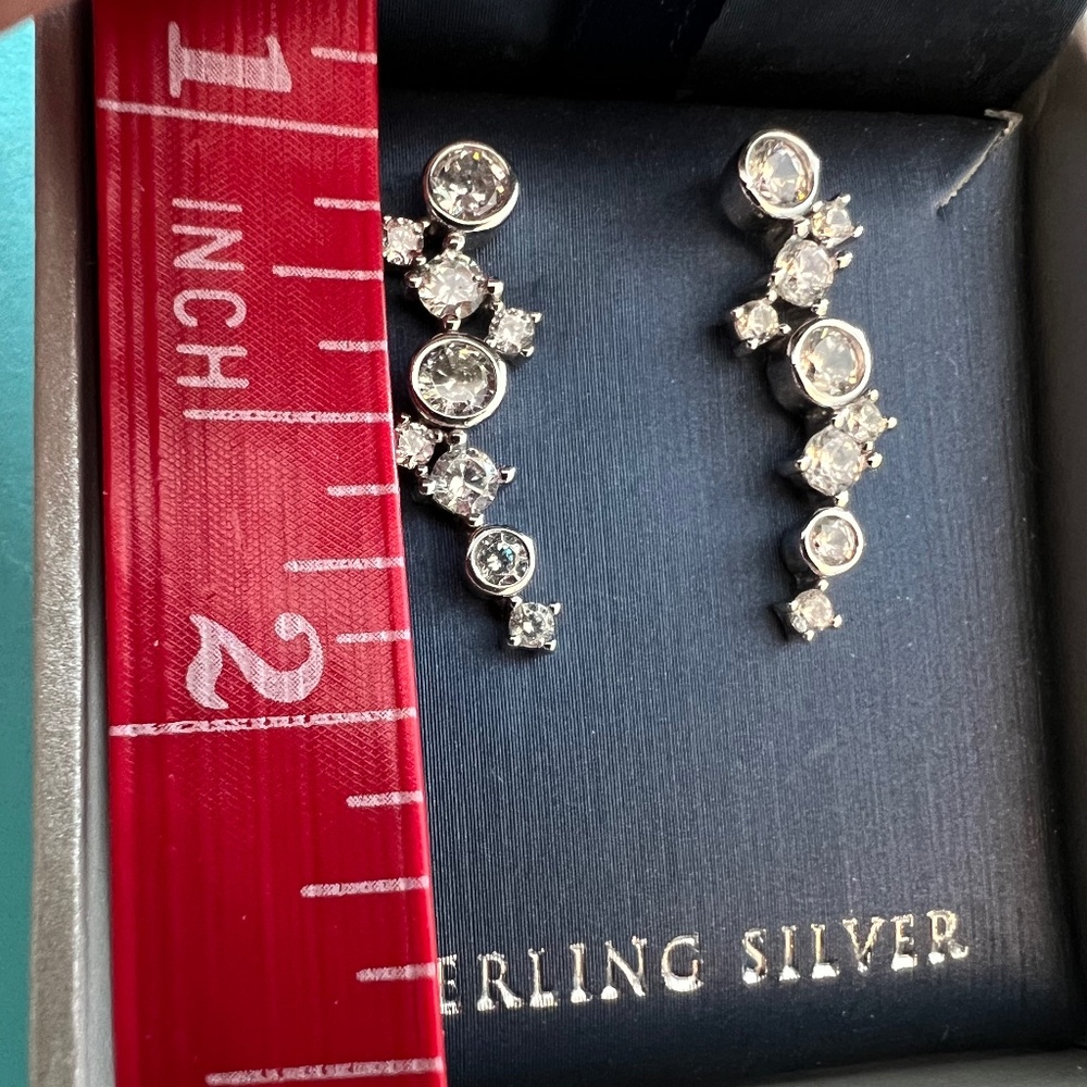 Silver earrings with clear cz stones. One inch long. Post style. - Picture 3 of 4